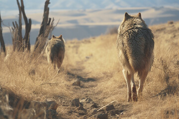 A series of images illustrating the pack hunting strategy of coyotes, demonstrating the cooperative efforts involved in securing prey in open landscapes. - obrazy, fototapety, plakaty