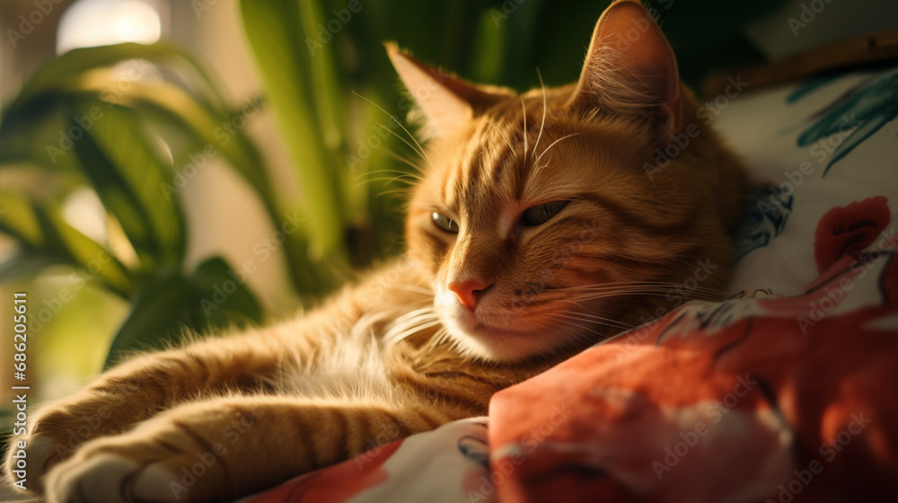 Poster a tranquil scene of a cat providing relaxation and companionship to an individual, highlighting the 