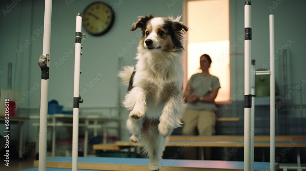 Poster An image of a dog assisting in physical rehabilitation exercises, showcasing the role of animals in enhancing the recovery process for individuals with mobility challenges.