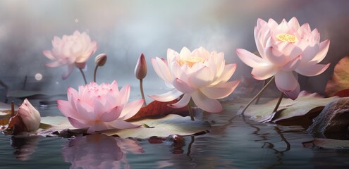 a painting of lotus plants and the water,