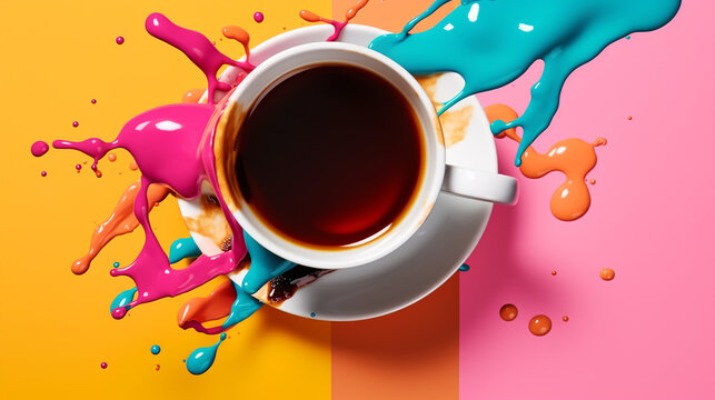 Cup of freshly brewed coffee with colorful splashes of paint in pop art style. Pink yellow blue teal color palette. Creative conceptual image