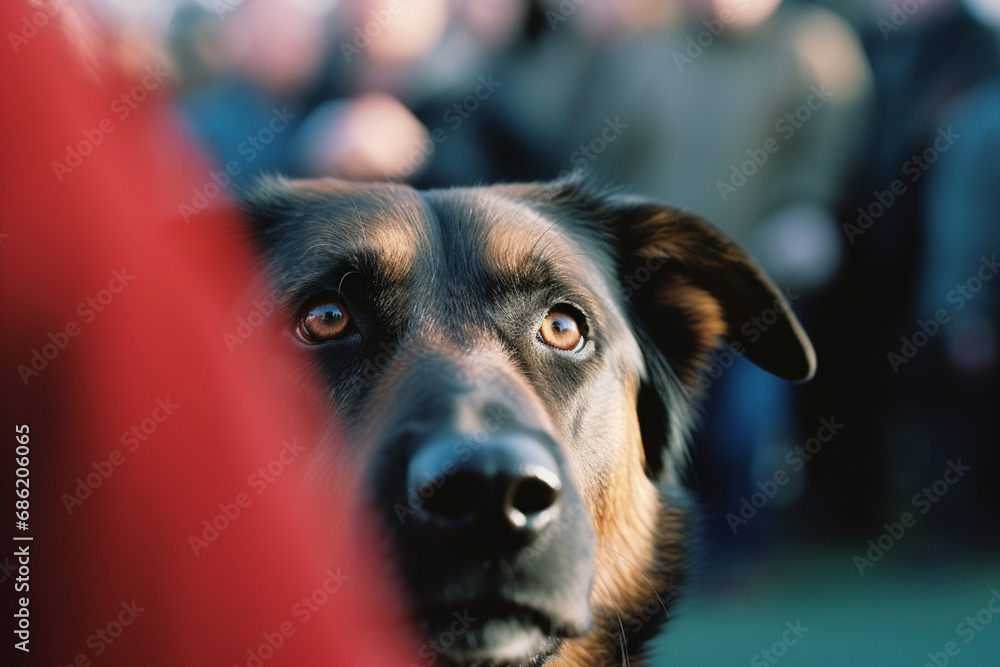 Poster a close-up capturing the intense focus in the eyes of a handler and dog during a performance.
