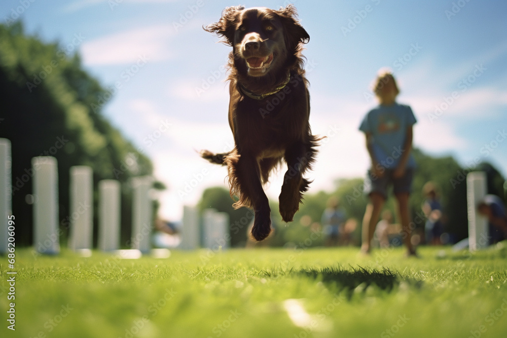 Poster a series of images capturing a handler and dog in a dynamic turn sequence, illustrating the fluidity