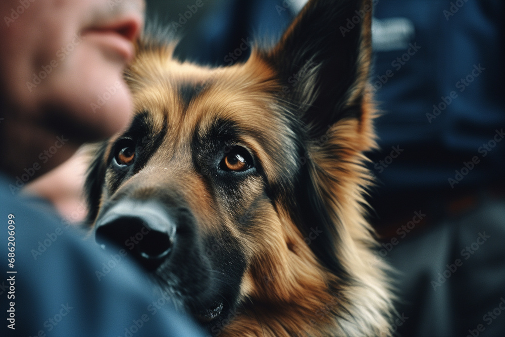 Poster a close-up capturing the intense focus in the eyes of a handler and dog during a performance.