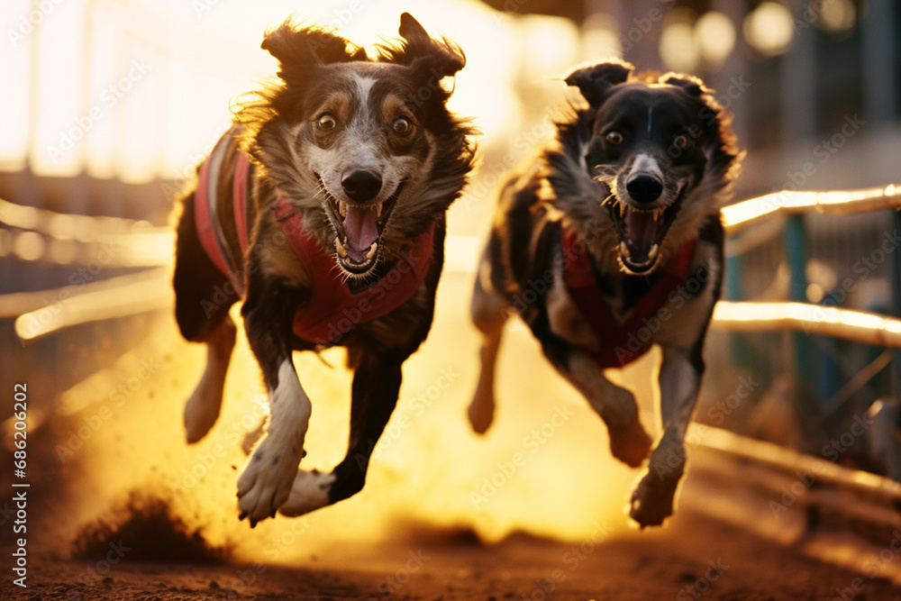 Aufkleber Racing dogs in dynamic motion, creating abstract patterns on the track that symbolize the excitement of canine racing.