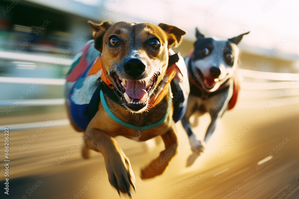 Poster Racing dogs in a blur of speed, creating abstract streaks on the track that convey the rapid pace of the race.