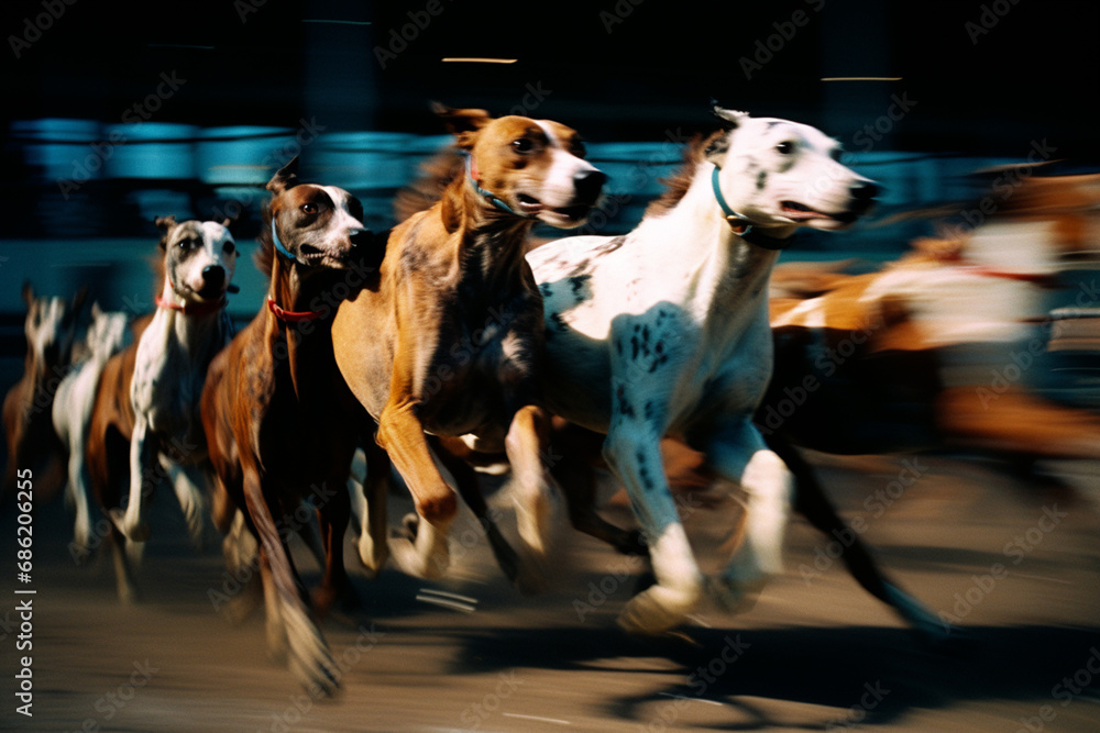 Poster racing dogs in a ballet of speed, forming abstract shapes that capture the agility and precision in 