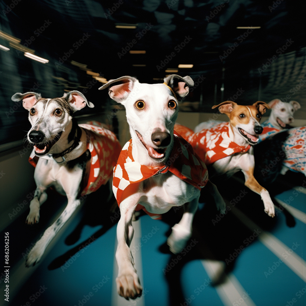 Aufkleber Whippets in a fusion of racing motion, forming abstract patterns that emphasize the synchronized and coordinated movements of the dogs.