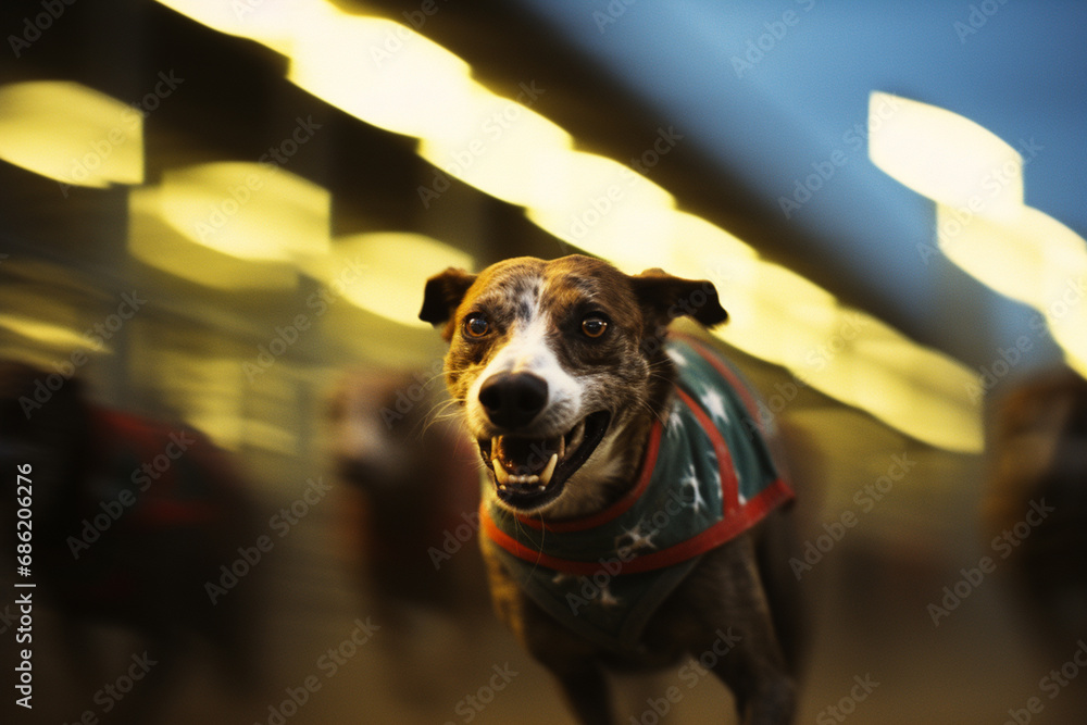 Poster racing dogs in full velocity, forming abstract streaks that convey the intense speed and competition