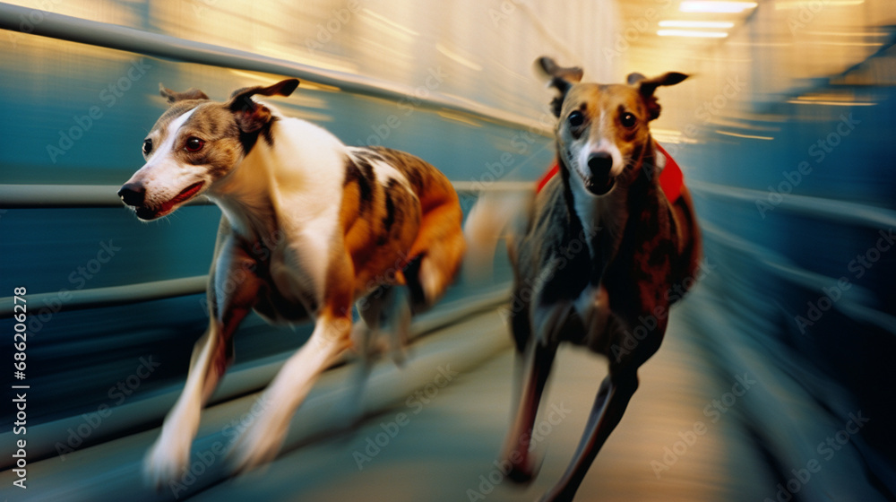 Poster Greyhounds in mid-stride, creating abstract lines that showcase the long and powerful strides characteristic of these racing dogs.