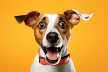 A Close-Up of a Cute Dog with an Open Mouth And a surprised Look On It's Face. A close up of a happy dog with its mouth open on a studio Backdrop.