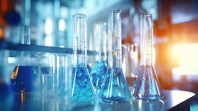 Scientific medial research laboratory interior and equipment glass test tubes beakers. Medicine science innovation technology concept