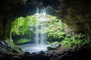 Cave tunnel under waterfall in green forest