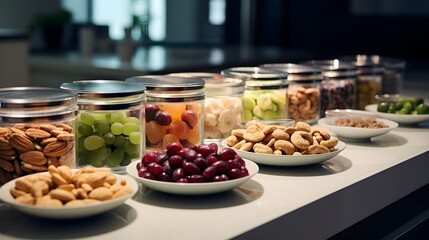 Advance appetizers, close-up shot of pre-packaged, portion-controlled snacks, from mixed nuts to fruit slices, prepared in advance for a week's consumption. - obrazy, fototapety, plakaty