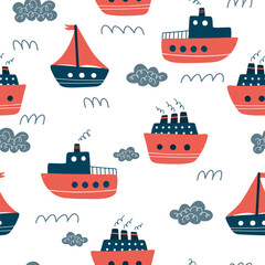 Vector hand-drawn cute seamless repeating childish simple pattern with cute ships 