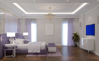 luxury hotel suite room, puple color designed bedroom. 3d rendering