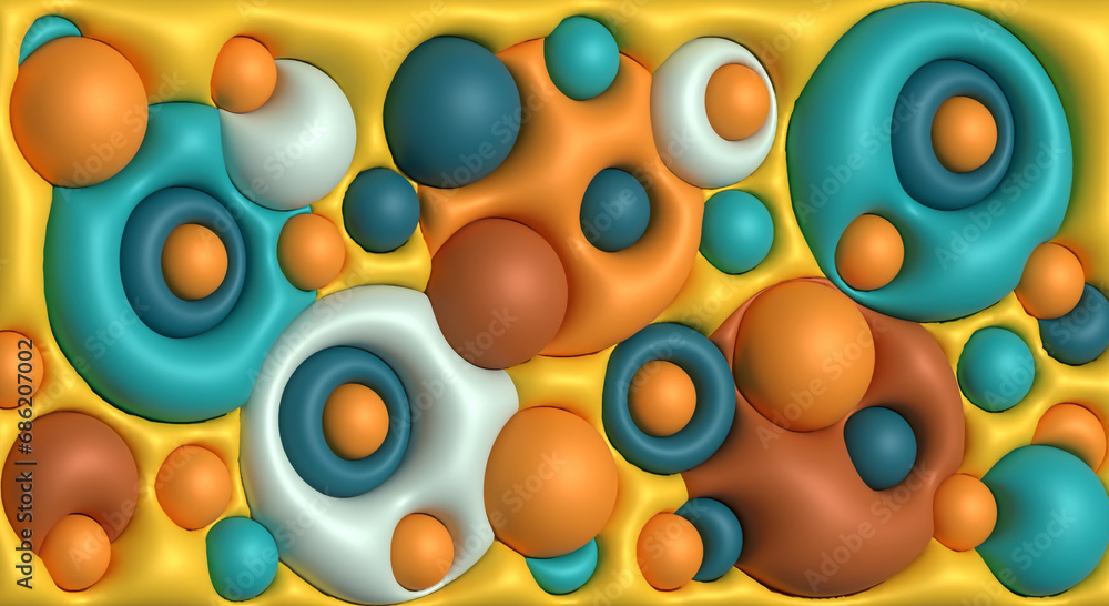 Poster background with circles, inflated shapes. 3d rendering illustration