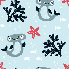 Vector hand-drawn colored childish seamless repeating simple flat pattern with hammerhead sharks. 