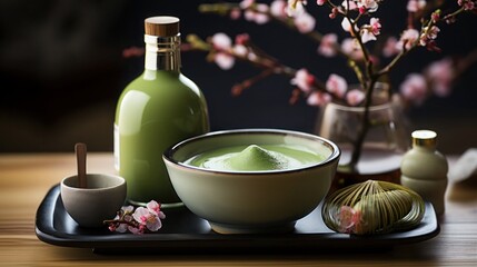 Composition with matcha tea on dark flower background. Pastel background. Generative AI	