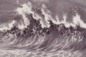 Big sea wave in the storm watercolor background