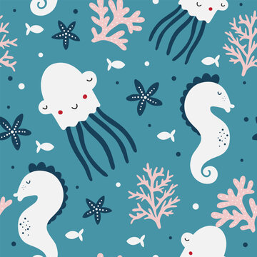 Cute seamless childish pattern with octopus and sea horses.
