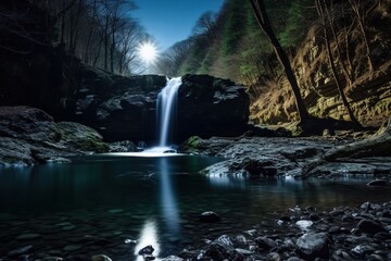 Shot of long-exposure photo of moonlit waterfall