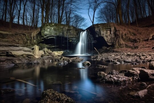 Shot of long-exposure photo of moonlit waterfall