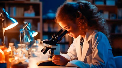 A girl looking through a microscope. Concept of woman in science and stem careers