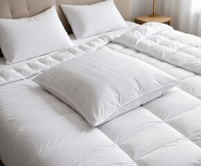 Fototapeta na wymiar White folded duvet lying on white bed background. 