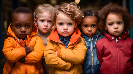 A diverse group of angry children against school bullying - obrazy, fototapety, plakaty