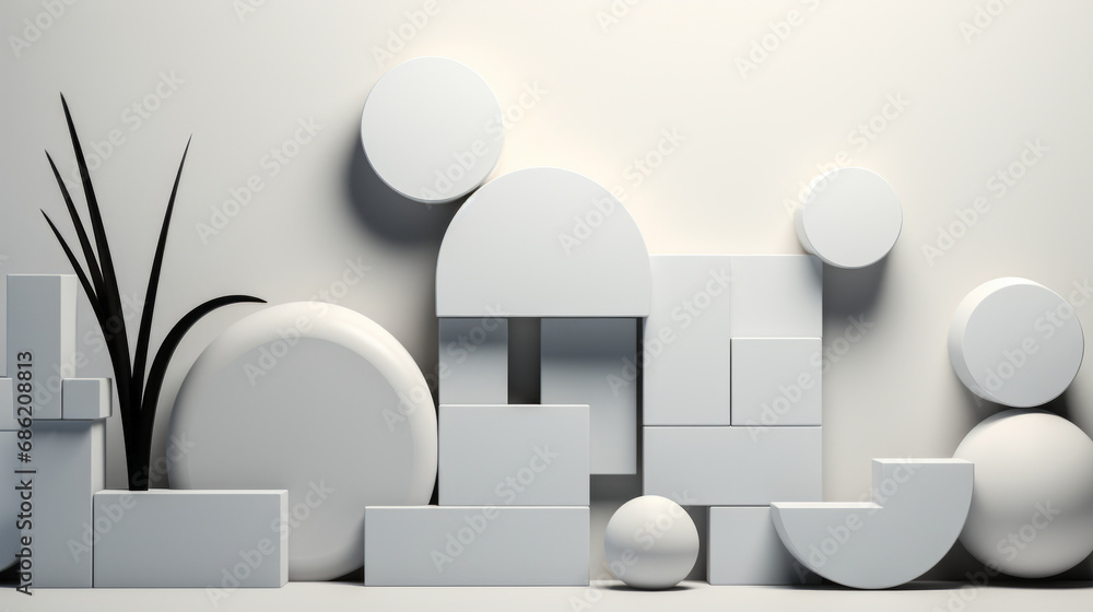 Poster minimalist composition of various geometric shapes with a clean, white monochrome design on a light 