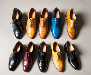 Set of classical leather Cap Toe Oxfords and Wingtip brogue shoes in different styles and colors