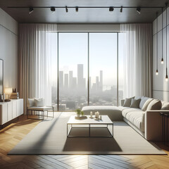 Minimalist interior, Minimal, A minimalist living room with a large window overlooking a city skyline