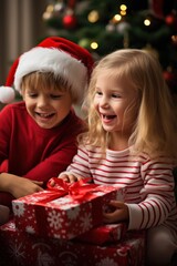 Fototapeta na wymiar Joyful moment as two young children in christmas hats share a red present near a christmas tree