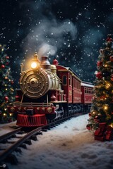 A vintage steam train sits on snowy tracks flanked by christmas trees and presents, with smoke billowing - obrazy, fototapety, plakaty