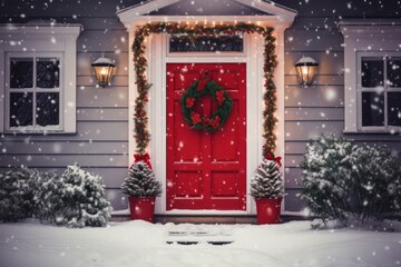 Charming home entrance adorned with christmas wreath and wrapped with festive lights during a snowfall - obrazy, fototapety, plakaty