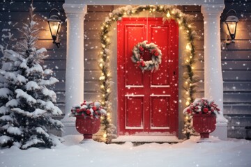 Snowy scene with a brightly decorated doorway, festive wreath, and christmas lights