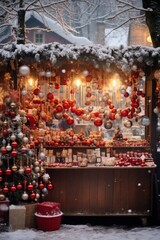A magical christmas market booth glowing with lights and ornaments under a snowy eve