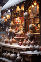 Quaint wooden market stall adorned with festive holiday ornaments under snow