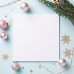 Fototapeta premium A flat lay of a christmas mockup with pink ornaments, stars, and pine branch on a blue background