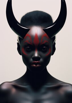 A striking portrait of a person featuring an elegant red and black horned mask with intricate patterns