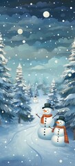 A lively group of snowmen enjoying a snowy winter day in a picturesque setting