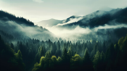 Foggy morning in the mountain forest - obrazy, fototapety, plakaty