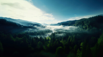 Foggy and sunny forest in the mountains. Beautiful landscape.