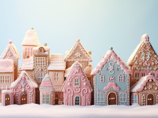 A charming gingerbread town adorned with pastel icing and a dusting of snow, evoking holiday warmth