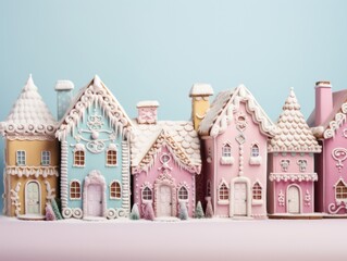 Adorable pastel gingerbread houses with intricate icing details, set against a soft pink background