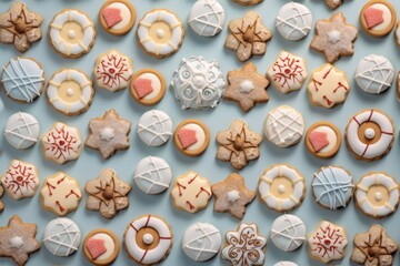 A variety of beautifully decorated cookies laid out on a pale blue surface, displaying intricate designs