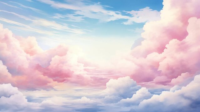 Watercolor cloudy sky in pastel colors. Animation with zoom effect. Generative AI. High quality 4k footage