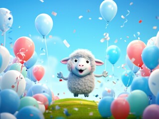 Naklejka premium Cheerful animated sheep celebrating with colorful balloons and flying confetti against a blue sky