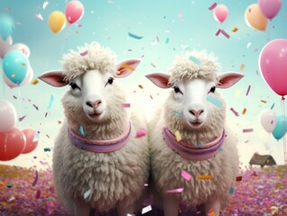 Illustration of twin sheep surrounded by colored confetti and balloons in a festive atmosphere